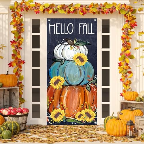 Fall Pumpkin Front Door Cover - Autumn Halloween Welcome Decor