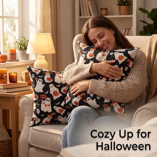 Halloween Ghost Pillow Covers - 20x20 Pack of 2, Playful Black Ghost Decor