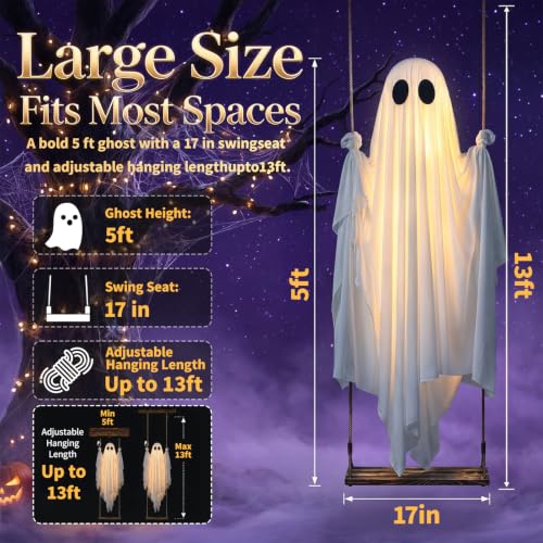 Large 5FT Hanging Ghost Swing Halloween Decor with 13FT Adjustable Length and Lights - Outdoor Yard Decoration