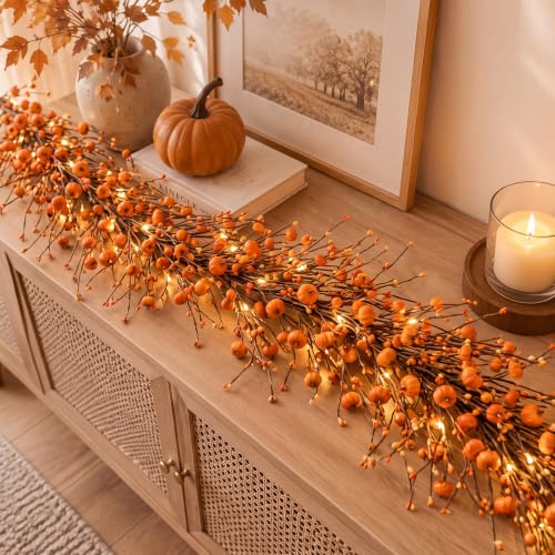 Orange Fall Garland with Lights - 5 ft Autumn Pumpkin & Berry Decor