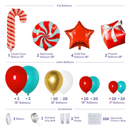 Christmas Balloon Arch Kit - Red, Teal, White Party Decorations with Candy Cane