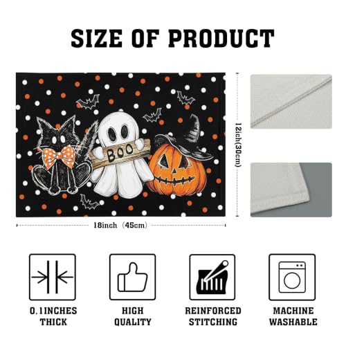 Halloween Placemats Set of 4 - Black Cat Pumpkin Ghost Bat Linen Table Mats - Heat-Resistant & Washable