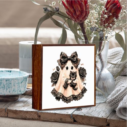 Halloween Wooden Sign Decor - Ghost Cat Variation, 5x5 Inches