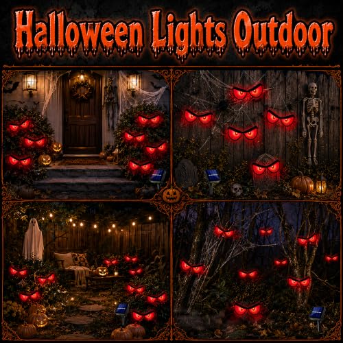 Solar Halloween Glowing Eyes Lights for Bushes & Trees - Red, 5 Pairs, Flash & Steady Modes