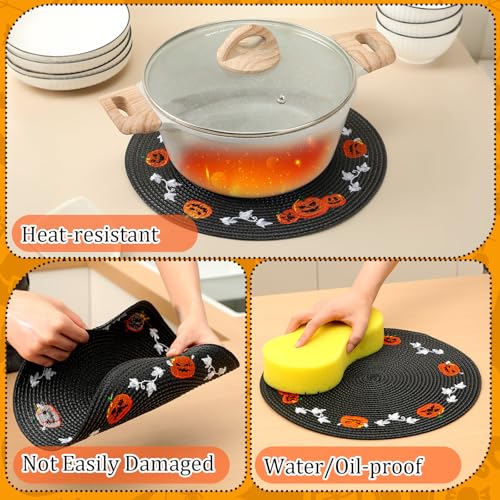 Halloween Round Placemats Set of 6 - Embroidered Pumpkin and Ghost Table Decor