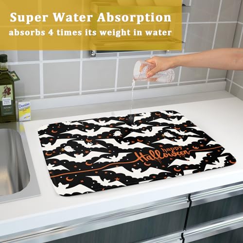 Halloween Drying Mat for Kitchen Counter 18x24 Inches Bat Design - Spooky Bat Dish Pad with Absorbent Microfiber