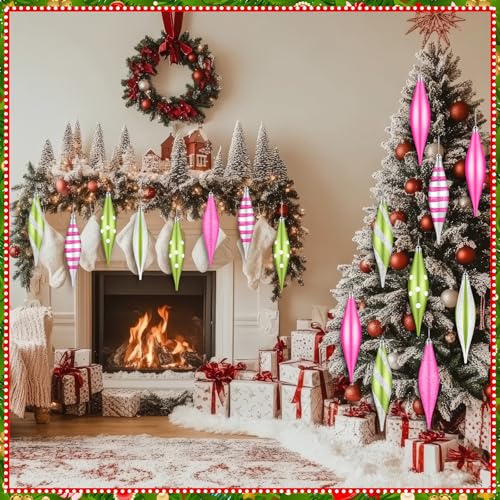 Christmas Tree Ornaments Set - Green and Pink Decorative Balls, 12 Pcs, 6.3 Inch