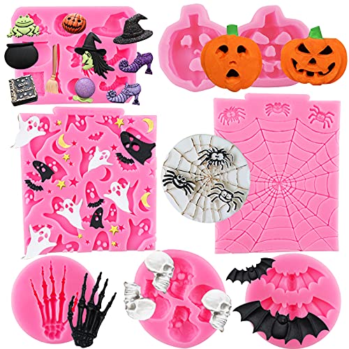 Halloween Silicone Cake & Candy Molds 7-Pack - Skull, Pumpkin, Ghost, Witch, Skeleton Hand, Bat, Spider