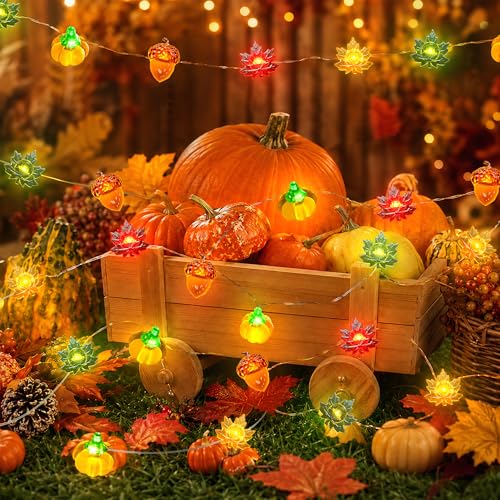 Fall Decor String Lights 10FT 40 LED Acorn Maple Leaves Pumpkin Lights - Yellow, Orange, Green