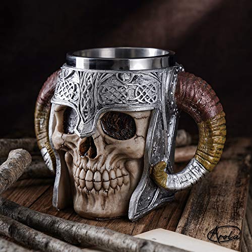 Viking Skull Mug with Coaster Design-2 17oz Stainless Steel Drinkware - Medieval Beer & Coffee Mug