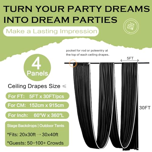 Black Ceiling Drapes - 4 Panels 60W x 30L ft for Halloween & Wedding Decor - Variation: Black / 60"W x 360"L (Pack of 4)