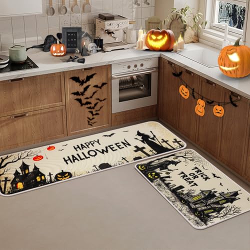 Halloween Kitchen Rugs Set of 2 - Spooky Witch Pumpkin Bat Doormat Non-Slip Entrance Mats