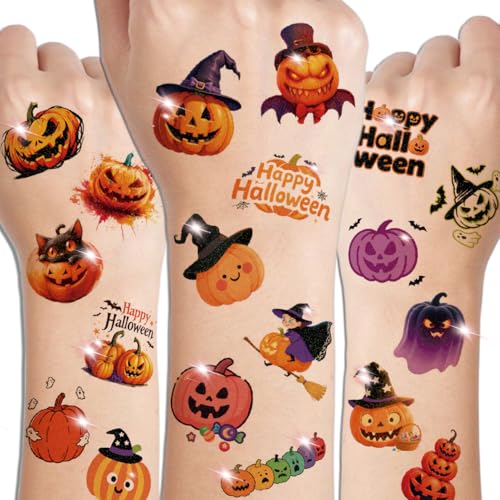 Halloween Pumpkin Glitter Temporary Tattoos for Kids - 74 Designs, Waterproof & Removable