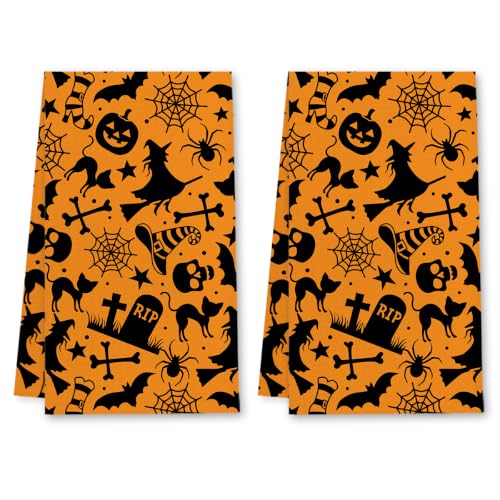 Halloween Kitchen Towels Set - Silhouette Orange Dish Hand Towels, 2 Pieces, Variation Towel28