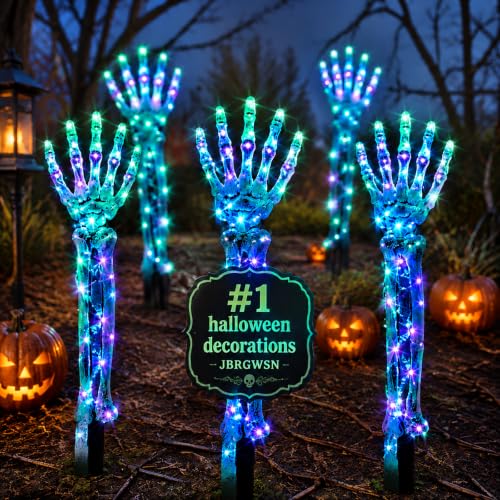 White Halloween Solar Skeleton Stakes with Glowing Skull Hands - Outdoor Pathway Decor