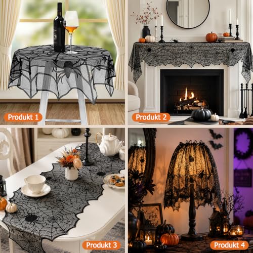 Halloween Indoor Decor Set with Spider Web Tablecloth, Bat Wall Stickers & Mantel Scarf