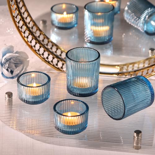 Blue Ribbed Votive Candle Holders Set - 20 Pcs, Assorted Sizes, Wedding & Party Decor Variation of Blue / 20