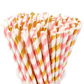 Pink and Gold Biodegradable Striped Paper Drinking Straws - 100 Pack for Parties