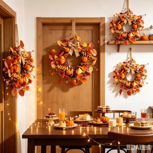 Mini Fall Pumpkin Candle Ring Wreaths - 4 Pcs Autumn Eucalyptus & Berries - Farmhouse Thanksgiving Decor