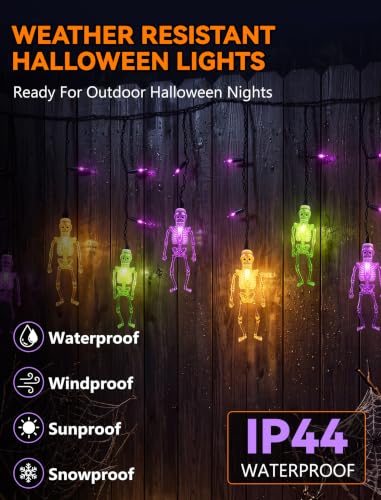 Skeleton Lights Halloween Skull String Lights - 7Ft Outdoor Purple & Orange LED Curtain with Variation
