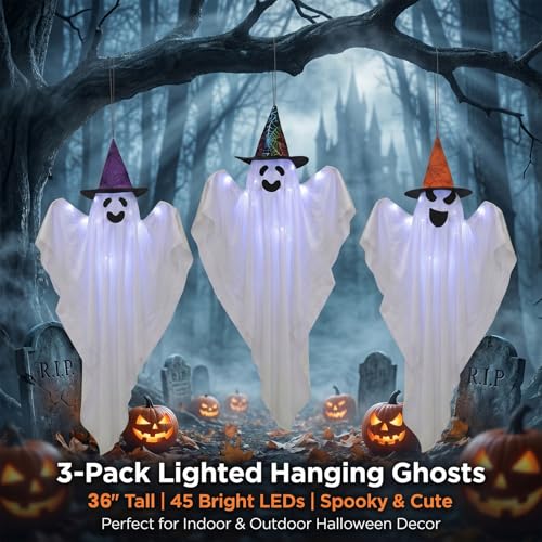 3ft Lighted Hanging Ghost Decorations with Hats - Outdoor Halloween Ghosts Set of 3 with 45 LEDs