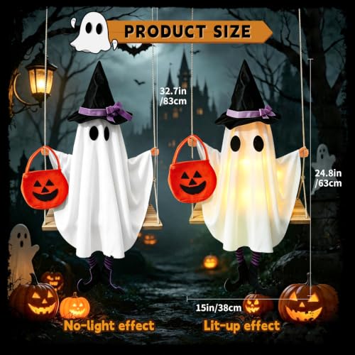 White Swinging Ghost Halloween Decor with LED Lights - Outdoor & Indoor