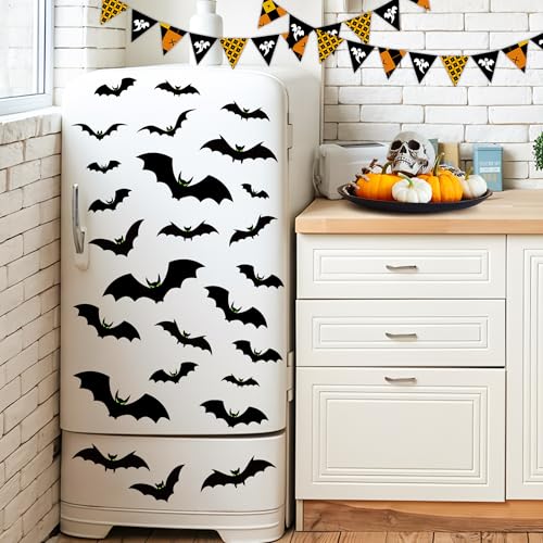 Halloween Window Clings Set - Large Scary Bat Silhouettes with Glow Eyes, Double Sided, 6 Sheets