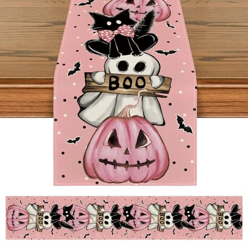 Pink Halloween Table Runner 13x72 Inch Linen Spooky Decor for Dining & Parties