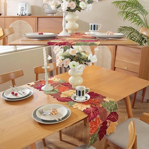 Fall Table Runner with Embroidered Maple Leaves - 36 Inches Long - Red & Green