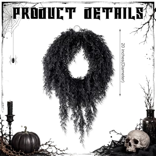 Black Halloween Cedar Wreath 20 Inch Artificial Seasonal Decoration for Front Door & Wall