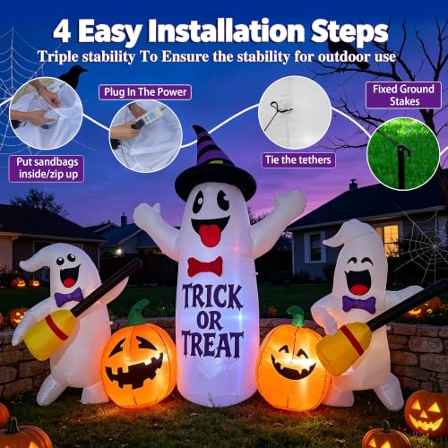 8FT Halloween Inflatable Ghosts with Broom & Pumpkins LED Yard Decor - Black & White