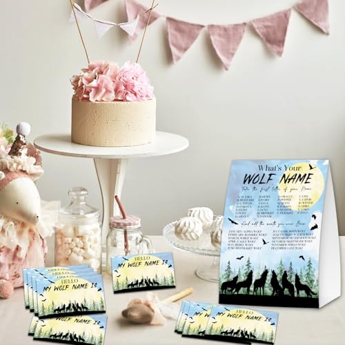 Wolf Name Game 30 Guest Sign & Sticker Set - Woodland Party Variation