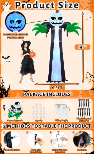 14 Ft Halloween Inflatable Pumpkin Ghost with Rotating LED Light - Outdoor Decor
