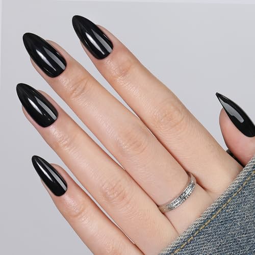 Obsidian Gloss Soft Gel Press-On Nails - 32 Pcs Reusable Black Almond False Nails for DIY Manicure
