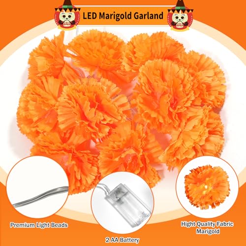 3 Pack LED Marigold Garland String Lights - 10 Ft 20 LEDs for Day of the Dead Halloween Diwali