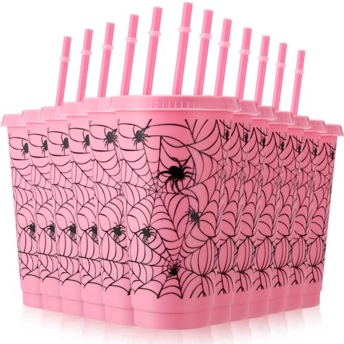 Pink Halloween Spiderweb Plastic Cups Bulk with Lids & Straws - 24 oz, Variation: Spiderweb/Pink