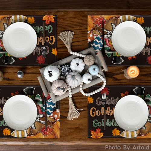 Black Gobble Turkey Fall Harvest Placemats Set of 4 - 12x18 Inch Rectangular Halloween Decor