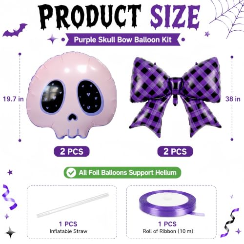 Purple Bow Skull Foil Balloons Party Decorations for Gothic & Halloween Celebrations