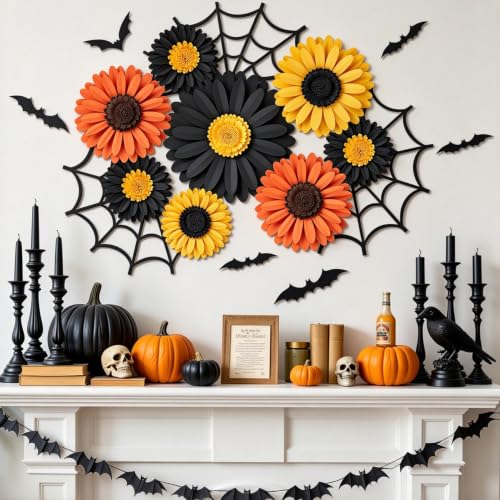 Halloween Daisy Paper Decorations for Office & Wall - Bats, Webs, Fall Flowers - Halloween Party Decor