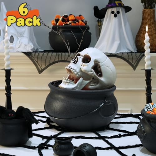 Halloween Witch Cauldron Decorations 6 Pack - Large Black Plastic Cauldrons for Party & Haunted House