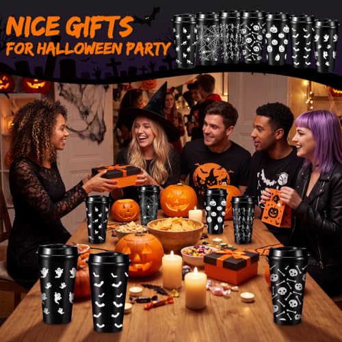 Halloween Reusable Plastic Cups Bulk 16 oz with Lids - Spooky Pattern Set