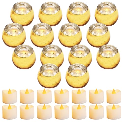 Set of 14 Gold Speckled Mercury Glass Votive Candle Holders with LED Tea Lights for Weddings & Events