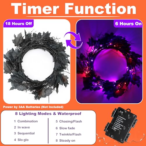 Halloween Willow Vine Twig Garland with 72 LED Lights - 9ft Orange & Purple, 8 Modes & Timer