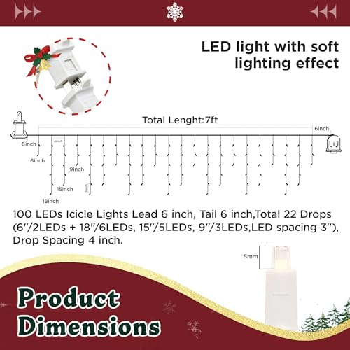 7ft Icicle String Lights - Red & White Twinkle LED Holiday Decor - Waterproof