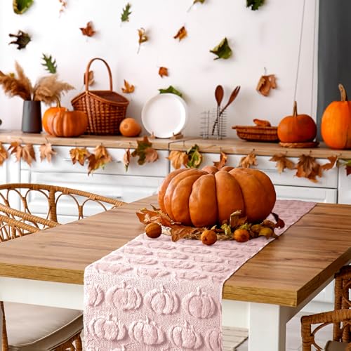 Fall Table Runner 3D Faux Fur Pumpkin & Pink - Seasonal Harvest Decor