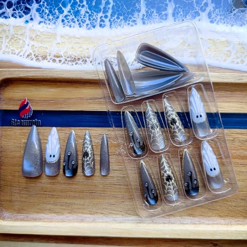 Halloween Press On Nails Long Black - 24 Pieces, Fall Style, Almond Shape