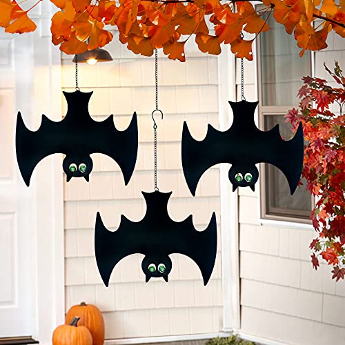 Halloween Glow in The Dark Metal Bat Ghost Hanging Decor Set of 3 Black Bats for Indoor Outdoor Party