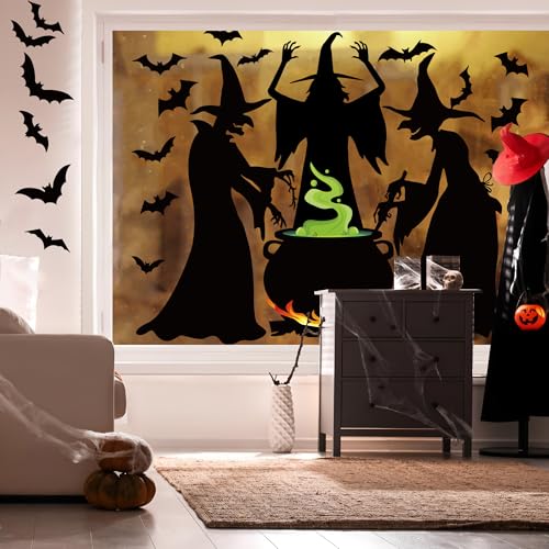 Halloween Witches Window Clings Set - Extra Large 3 Sheets, Reusable PVC Decor for Glass & Windows