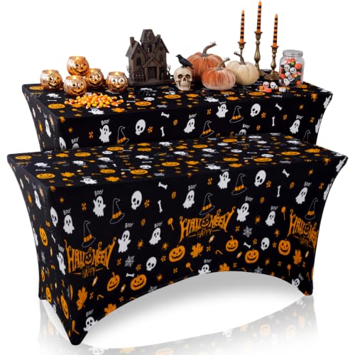 Halloween Pumpkin Ghost Spandex Tablecloth 6ft Fitted Rectangular Cover - Black White Orange