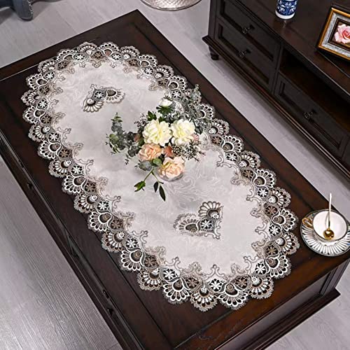 Beige Embroidered Lace Oval Tablecloth - 23.6 x 47 Inches Dust Cover